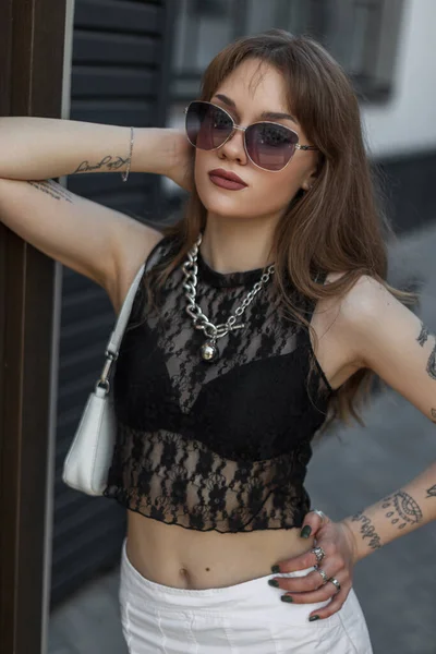 Trendy Fashion Beauty Sexy Hipster Woman Stylish Sunglasses Black Lace — Stock Photo, Image