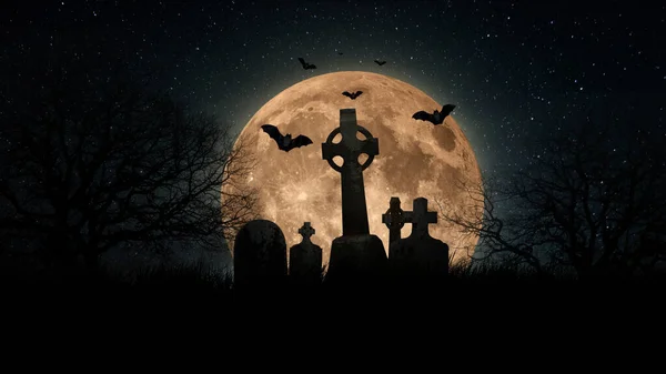 Scary night landscape with red full moon, graveyard with crosses, bats and trees at midnight halloween. Scary dark wallpaper, concept