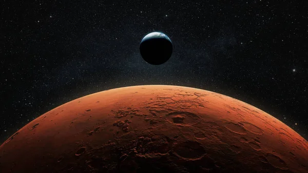 View of planet earth from Mars. Mars, the red planet with detailed surface features and craters in deep space. Blue Earth planet in outer space. mars and earth, concept.