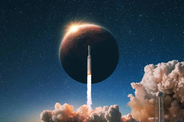 Space rocket with smoke and blast successfully takes off into the starry sky with the red planet Mars with sunlight. Launching a spacecraft into space. Start of Mars mission, concept