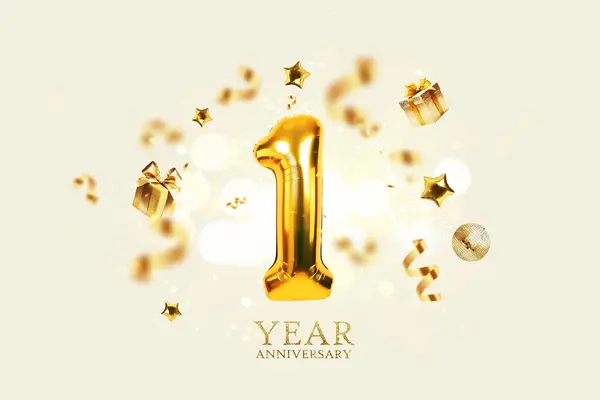 Gold Festive Balloons Year Anniversary Golden Confetti Presents Mirror Ball — Stock Photo, Image