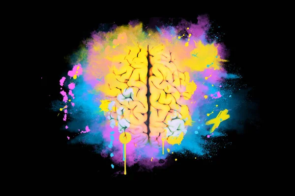 Kreativní Mozek Exploduje Cákancemi Růžové Modré Žluté Barvy Černém Pozadí — Stock fotografie