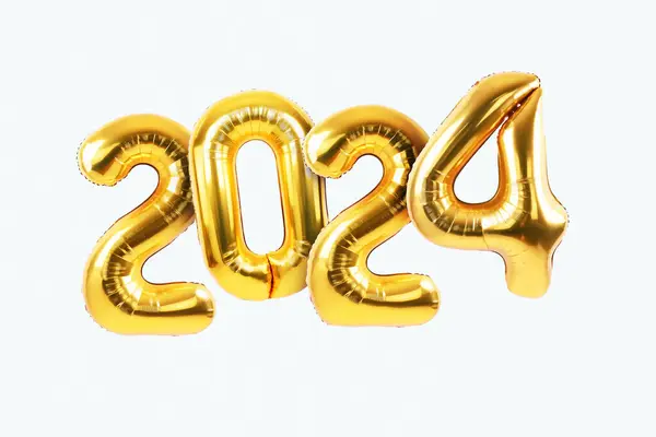 Frohes Neues Jahr 2024 Luftballons Metallischer Goldfolie Auf Weißem Hintergrund — Stockfoto
