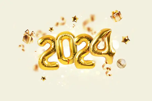 Felice Anno Nuovo 2024 Palloncini Oro Con Coriandoli Oro Regali — Foto Stock
