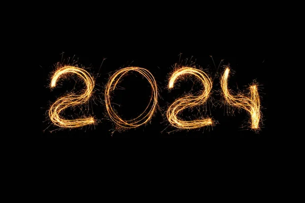 New Year 2024 Light Sparklers Draw Figures 2024 Bengal Lights — Stock Photo, Image