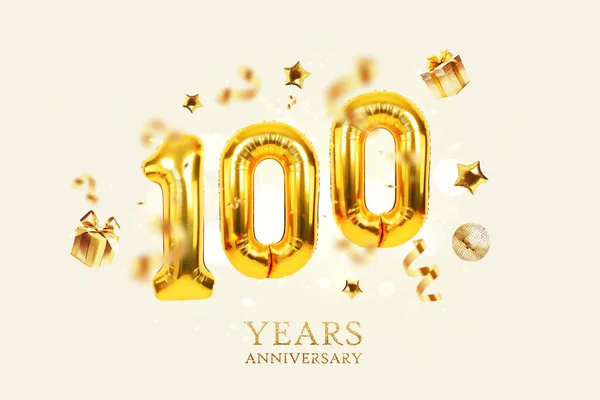 Goldene Luftballons 100 Mit Goldenen Geschenken Konfetti Sternen Und Einem — Stockfoto