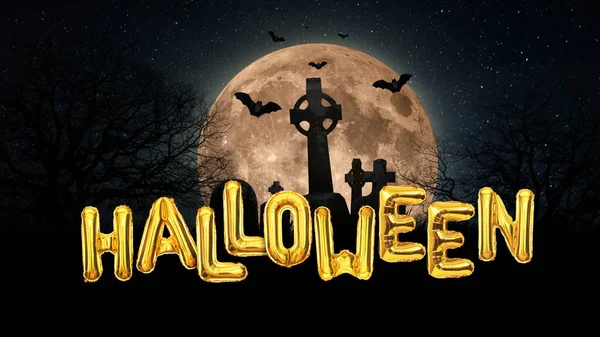 Golden Halloween balloons. Scary night landscape with red full moon, graveyard with crosses, bats and trees at midnight halloween. Scary dark wallpaper, concept