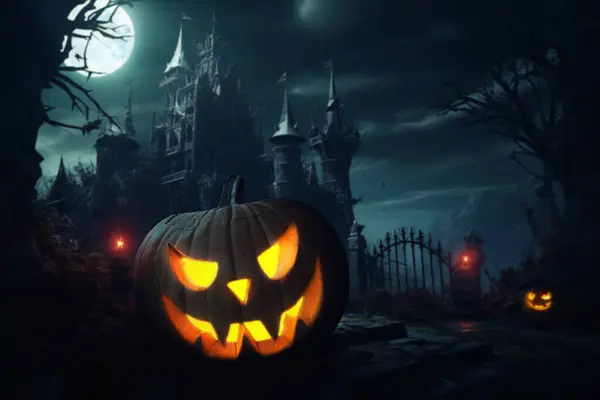 Gruseliger Halloween Kürbis Auf Dem Hintergrund Einer Burg Auf Einem — Stockfoto