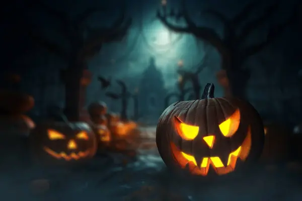 Страшные Обои Хэллоуин Горящей Тыквой Ночью — стоковое фото