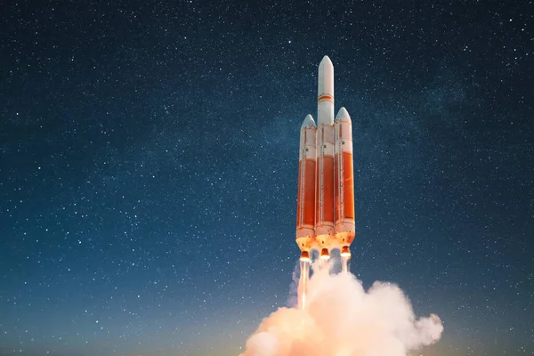 New space rocket with blast and smoke takes off into the starry sky. Technology, transport and science, creative idea. Start-up, concept. Spacecraft launch into space