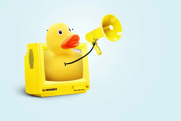 Creative yellow duck crawls out of a vintage TV and screams into a yellow loudspeaker on a blue background, a concept. Mass media and propaganda, creative idea. Yellow press and advertising