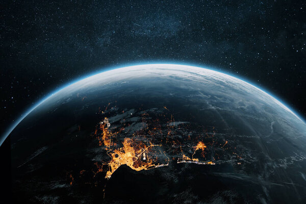 Beautiful night city of Istanbul with city lights from space. Amazing blue planet earth in space with night city of Istanbul, Turkey.