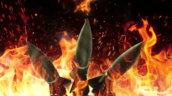 Rockets weapons with fire on a black background, concept. War and death. World War 3. Nuclear War and Bombs