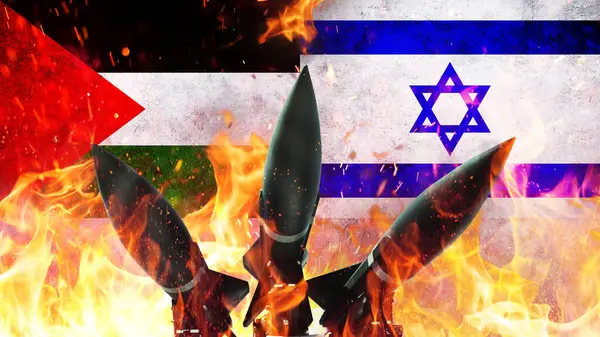 Three missiles weapons rockets with fire, concept. War in Israel and Palestine. Armed conflict. Israel and Palestine flag. Gaza Strip. Horrible Deaths and Terror