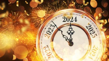2024 yılının klasik altın saati konfeti, altın bokeh ışıkları ve havai fişeklerle. Yeni yıl 2024 kartı, yaratıcı fikir..