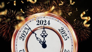 Klasik altın saat 2024 yılını işaret ediyor. Konfeti ve havai fişeklerle. Yeni yıl kartı, konsept. Noel, yaratıcı fikir