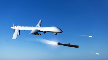 Savaş uçağı gökyüzünde uçuyor ve füzeleri ateşliyor, konsept olarak. Modern savaş ve insansız hava araçları. Saldırı ve tehlike. Roket 