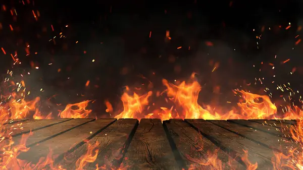 Wooden table and fire with sparks and smoke, concept. Grill, burning fire and free copy space for design