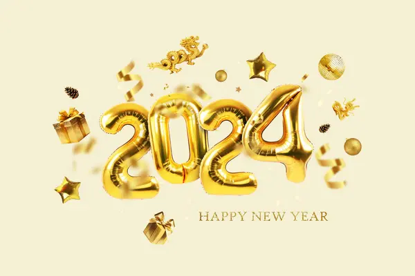 Gold balloons 2024 with confetti, gold mirrored balloon party, stars, gifts and dragon on a light beige background. Happy New Year 2024 creative. Golden Dragons
