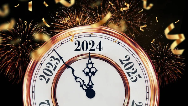 Vintage Reloj Oro Apunta 2024 Año Nuevo Con Confeti Fuegos Fotos De Stock Sin Royalties Gratis