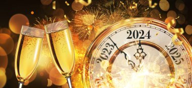 Yeni yıl 2024 ile birlikte altın antika saat, şampanya, konfeti ve havai fişekler, konsept. Yeni yıl arifesi, yaratıcı fikir.