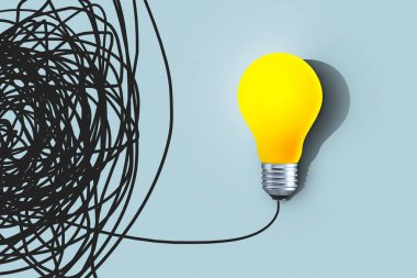 Karışık çizgi sarı ampulü gösteriyor, yaratıcı fikir. Problem çözümü, konsept. Farklı düşün. Lider ve başarı