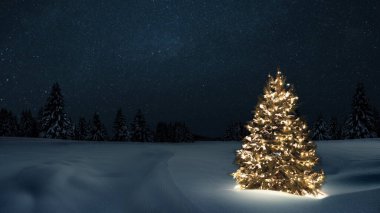 Güzel bir Noel ağacı, karlı bir tarlada ışıkları olan çelenkler ve Noel gecesi yıldızları olan bir Noel ağacı. Yeni yıl ve Noel kartları, yaratıcı fikir..