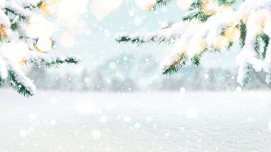 Ormanı ve dağları olan güzel karlı bir tarla, tasarım ve ürün için bokeh arkaplan. Karlı ve ışıklı Noel ağacı dalları, konsept. Hava ve kar. Yeni Yıl 2024 ve Noel kartı