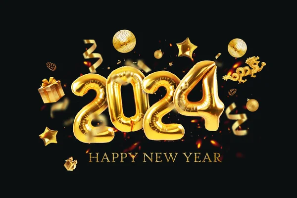 2024 New Year golden balloons with confetti, dragon, gifts and mirror party ball flying on a black background. Luxury Happy New Year card.