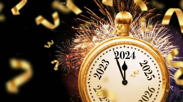 Beautiful vintage gold clock arrows point to 2024 New Year with golden confetti and fireworks, creative idea. Merry Christmas and New Year 2024. Beginning of the holiday and celebration