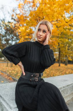 Havalı, siyah örgü elbiseli, şık, genç, güzel bir kız. Açık havada, sarı yapraklı bir parkta oturuyor.