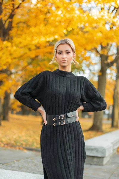 Şık, siyah örgü elbiseli zarif genç bir kadın sarı sonbahar yapraklarının arka planında yürür.