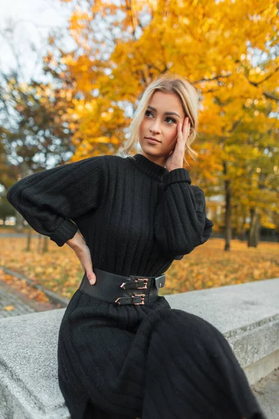 Havalı, siyah örgü elbiseli, şık, genç, güzel bir kız. Açık havada, sarı yapraklı bir parkta oturuyor.