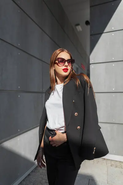 Elegant beautiful fashion business woman with sunglasses in black urban casual outfit with t-shirt and blazer walks in the city near a gray building on sunny day