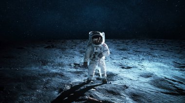 Yalnız astronot ay yüzeyinde yürür. Ay görevi ve keşfi. Aydaki uzay adamı