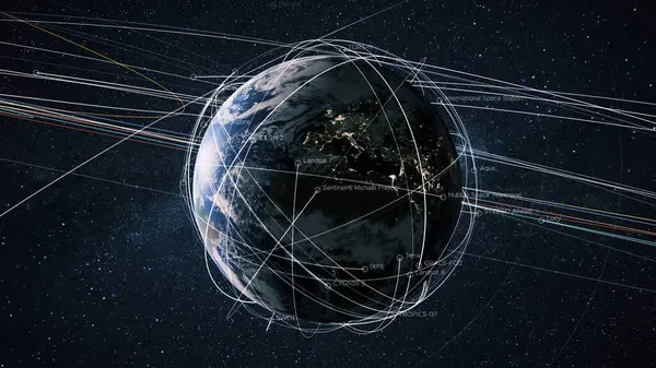 Belle Planète Bleue Terre Avec Satellites Lignes Trajectoire Dans Espace Images De Stock Libres De Droits