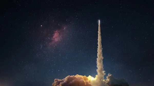 Cohete Espacial Con Una Ráfaga Humo Despega Con Éxito Hacia Imagen De Stock