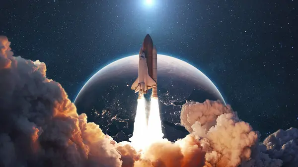 Despegue Cohetes Transbordador Espacial Con Humo Explosión Despega Espacio Fondo Fotos De Stock Sin Royalties Gratis