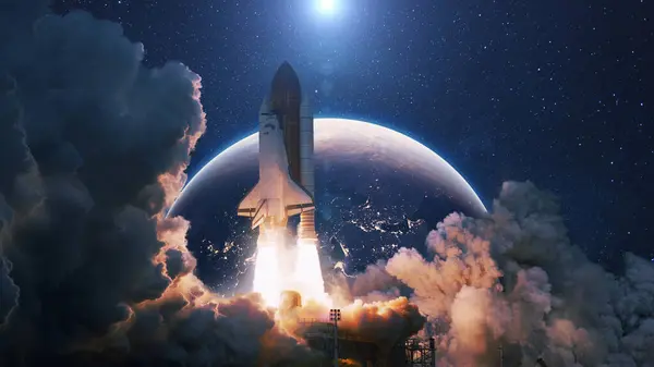 Cohete Espacial Despega Hacia Cosmos Con Humo Explosión Sobre Fondo Imagen De Stock