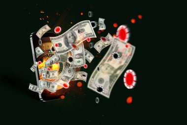 Online kumarhane, konsept. Ruletli akıllı telefon, uçan dolarlar ve koyu yeşil arka planda kıvılcımlar. Kazanmak, yaratıcı bir gün. Bahis ve Kumar başvurusu