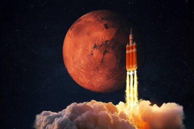 Uzay aracı uzaya uçar. Roket Mars 'a uçuyor. Kızıl Gezegen Mars uzayda. Çalıştır ve Başlat 