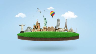 Seyahat, yaratıcı fikir. Çimenli yeşil bir çayırdaki dünya simgeleri. Macera gezisi, konsept