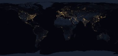 Avrasya, Kuzey Amerika, Güney Amerika, Afrika, Avustralya ve Antarktika 'nın şehir ışıklarıyla Gece Gezegeni. Teknoloji ve geliştirme, kavram 