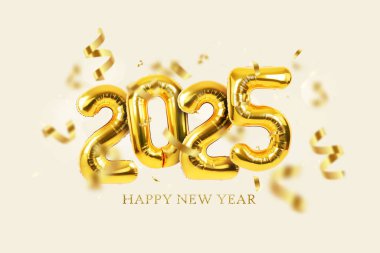 Bej kaplama konfetili 2025 helyum balonunuz kutlu olsun. Yeni yıl ve Noel 2025, yaratıcı fikir. Altın Metin dokusu Mutlu Yıllar