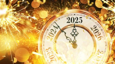 2025 yılının klasik altın saati konfeti, altın bokeh ışıkları, havai fişekler, kıvılcımlar. Yeni yıl 2025 kartı, yaratıcı fikir..