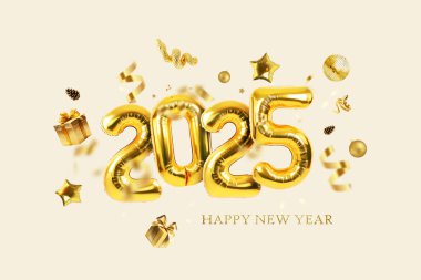 Konfetili altın balonlar, altın aynalı balon partisi, yıldızlar, hediyeler ve açık bej arka planda altın yılan. Mutlu yıllar 2025 yaratıcı. Altın Yılan