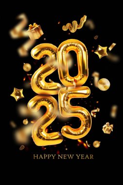 İçinde konfeti, hediye, yılan, kozalak ve yıldızların olduğu birinci sınıf altın balonlar 2025. Yeni yıl dikey kartı