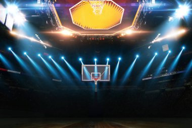 Basketbol şampiyonası. Spotlights 'lı modern basketbol arenası, yaratıcı fikir. Turnuva ve Kazan. Koyu arka planda hayranlarla dolu basketbol maçı