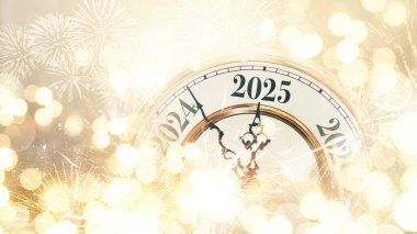 Kaliteli altın saat 2025 yılını işaret ediyor. Kıvılcımlar, havai fişekler ve konsept içeren altın bir arka plan. Yeni yıl ve Noel kartı, yaratıcı fikir. Kutlama ve parti