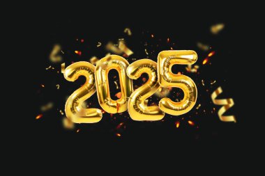 2025 altın balonlar, siyah arka planda kıvılcımlar ve konfeti uçuşuyor. Mutlu yıllar 2025 kartı..